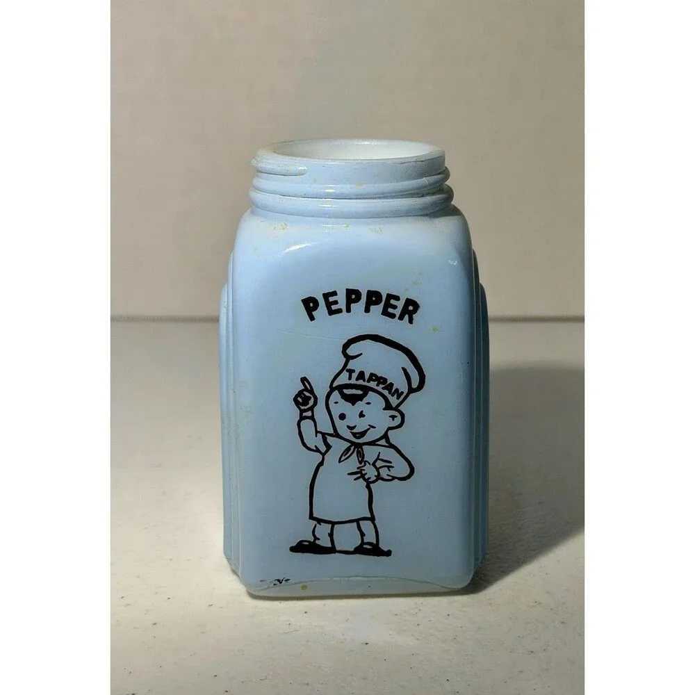 Vintage McKee Glass Tappan Blue Pepper Shaker Little Chef Design No Lid 4